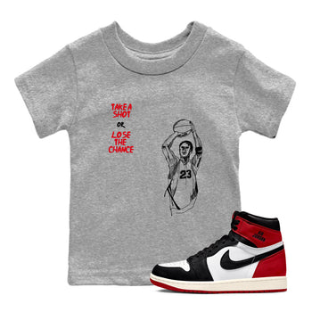 1s Black Toe Reimagined shirts to match jordans Take A Shot sneaker match tees Air Jordan 1 Black Toe Reimagined SNRT Sneaker Release Tees Youth Baby Heather Grey 1 crew neck shirts