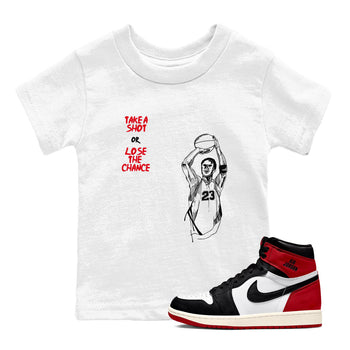 1s Black Toe Reimagined shirts to match jordans Take A Shot sneaker match tees Air Jordan 1 Black Toe Reimagined SNRT Sneaker Release Tees Youth Baby White 1 crew neck shirts