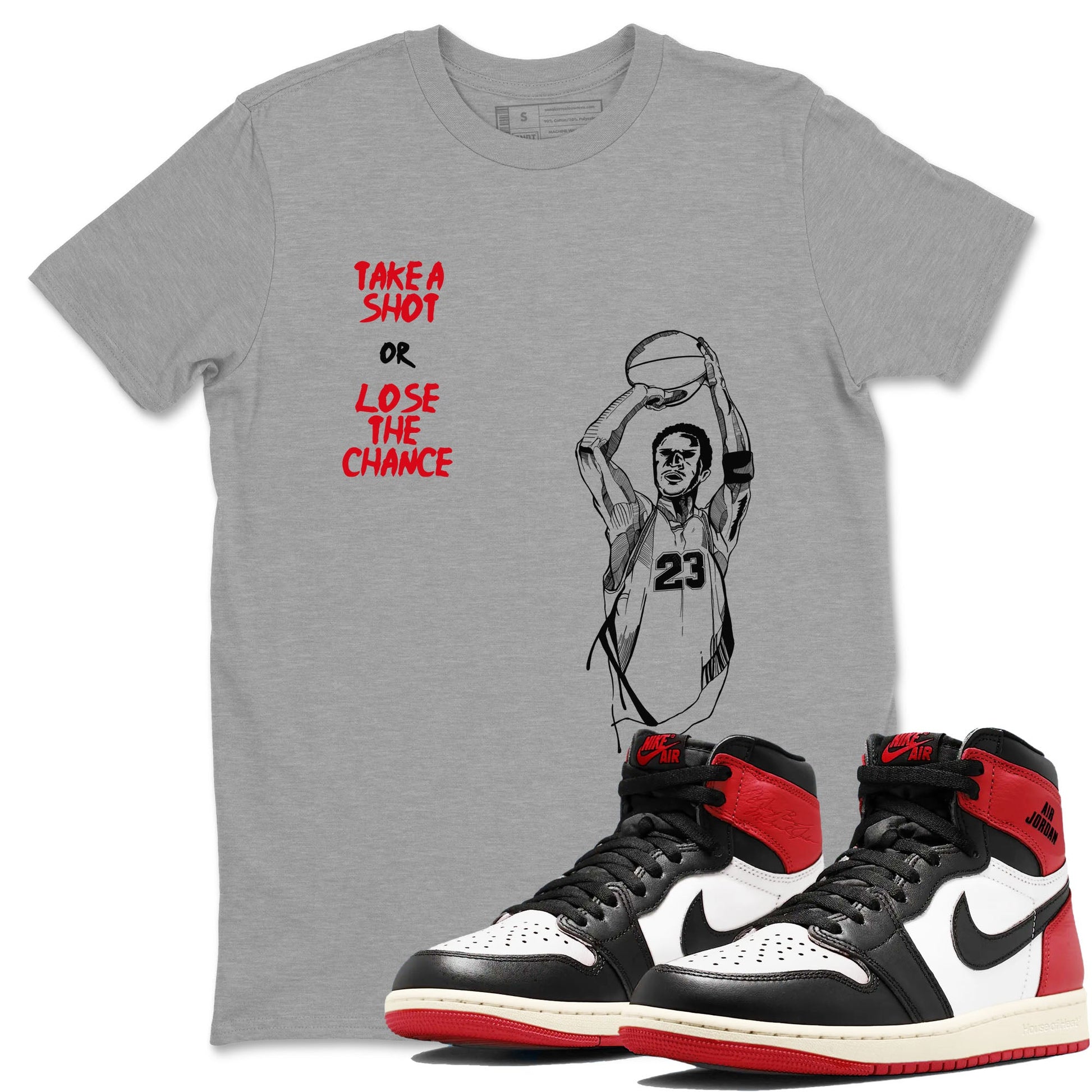 1s Black Toe Reimagined shirts to match jordans Take A Shot sneaker match tees Air Jordan 1 Black Toe Reimagined SNRT Sneaker Release Tees unisex cotton Heather Grey 1 crew neck shirts