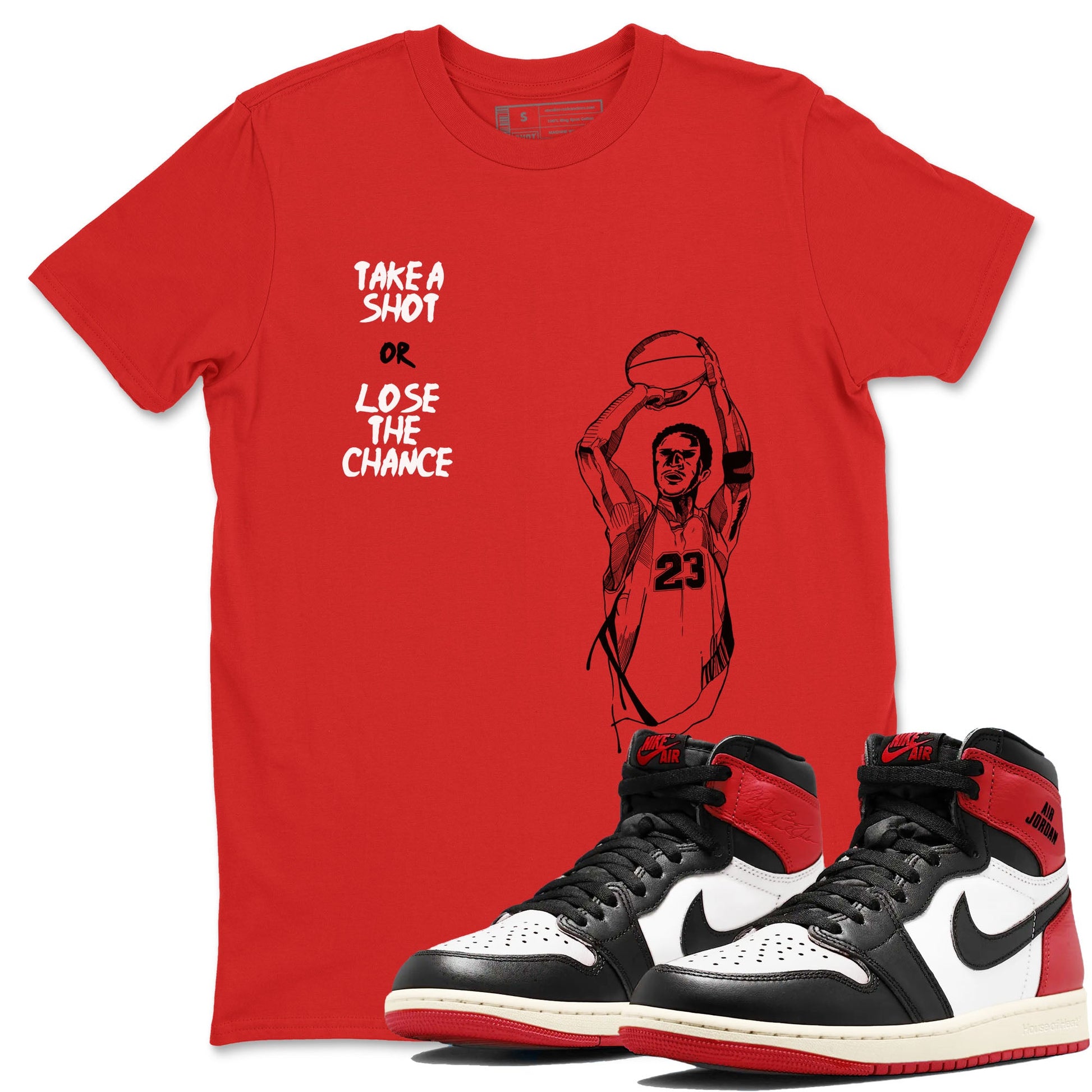 1s Black Toe Reimagined shirts to match jordans Take A Shot sneaker match tees Air Jordan 1 Black Toe Reimagined SNRT Sneaker Release Tees unisex cotton Red 1 crew neck shirts