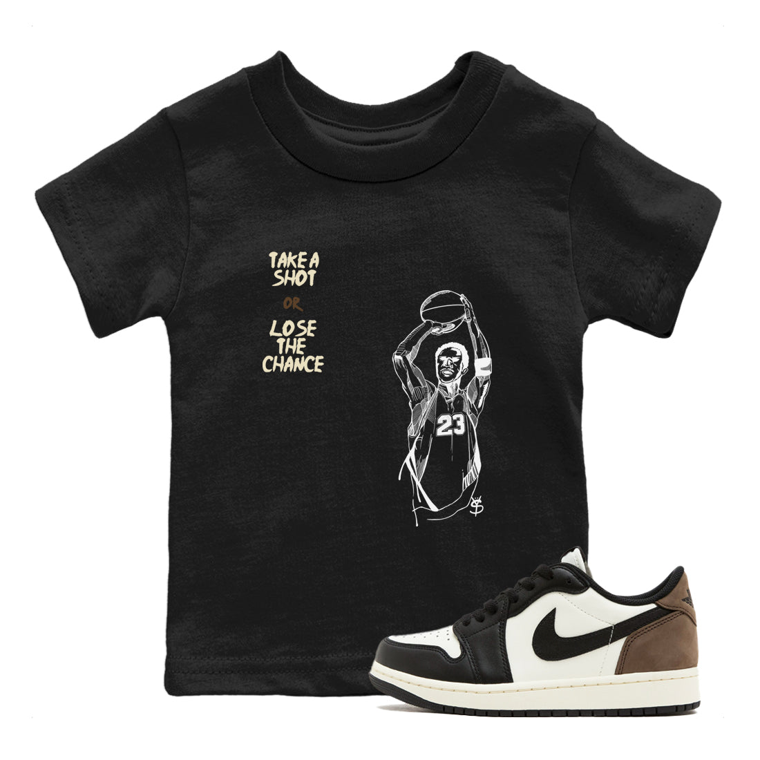 1s Mocha shirts to match jordans Take A Shot sneaker match tees Air Jordan 1 Mocha SNRT Sneaker Release Tees Youth Baby Black 1 crew neck shirts