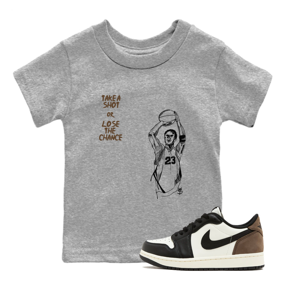 1s Mocha shirts to match jordans Take A Shot sneaker match tees Air Jordan 1 Mocha SNRT Sneaker Release Tees Youth Baby Heather Grey 1 crew neck shirts