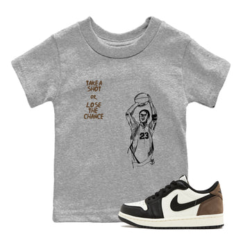 1s Mocha shirts to match jordans Take A Shot sneaker match tees Air Jordan 1 Mocha SNRT Sneaker Release Tees Youth Baby Heather Grey 1 crew neck shirts