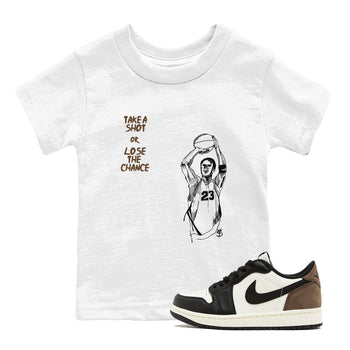 1s Mocha shirts to match jordans Take A Shot sneaker match tees Air Jordan 1 Mocha SNRT Sneaker Release Tees Youth Baby White 1 crew neck shirts