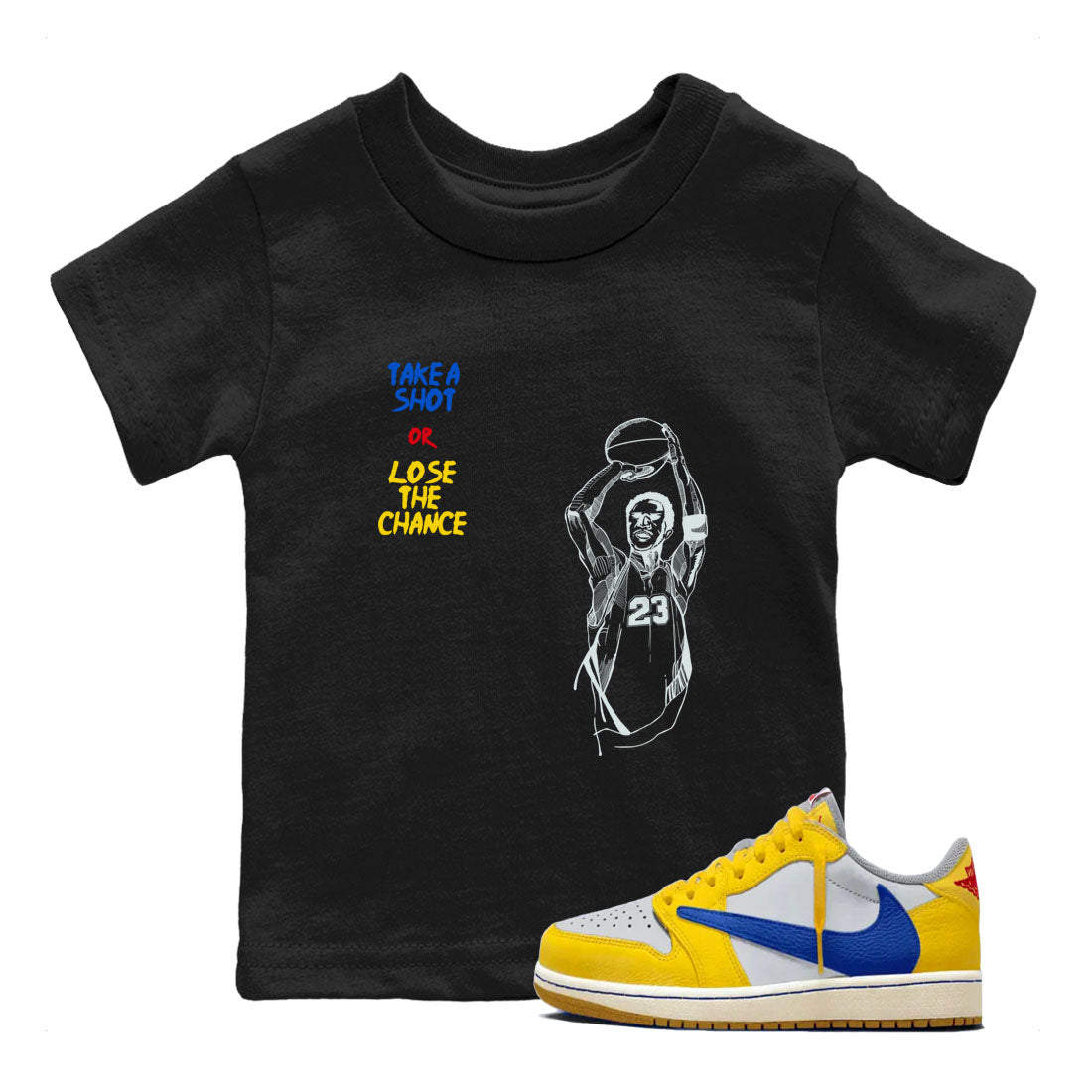1s Travis Scott Canary shirts to match jordans Take A Shot sneaker match tees Air Jordan 1 Travis Scott Canary SNRT Sneaker Release Tees Youth Baby Black 1 crew neck shirts