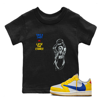 1s Travis Scott Canary shirts to match jordans Take A Shot sneaker match tees Air Jordan 1 Travis Scott Canary SNRT Sneaker Release Tees Youth Baby Black 1 crew neck shirts