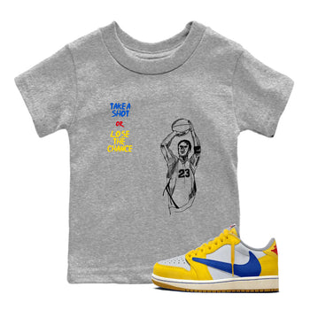 1s Travis Scott Canary shirts to match jordans Take A Shot sneaker match tees Air Jordan 1 Travis Scott Canary SNRT Sneaker Release Tees Youth Baby Heather Grey 1 crew neck shirts