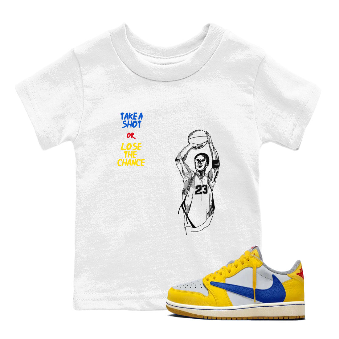 1s Travis Scott Canary shirts to match jordans Take A Shot sneaker match tees Air Jordan 1 Travis Scott Canary SNRT Sneaker Release Tees Youth Baby White 1 crew neck shirts