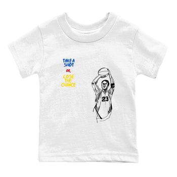 1s Travis Scott Canary shirts to match jordans Take A Shot sneaker match tees Air Jordan 1 Travis Scott Canary SNRT Sneaker Release Tees Youth Baby White 2 crew neck shirts