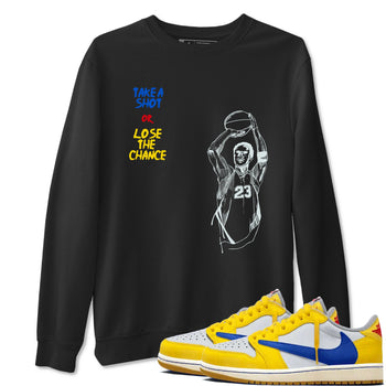 1s Travis Scott Canary shirts to match jordans Take A Shot sneaker match tees Air Jordan 1 Travis Scott Canary SNRT Sneaker Release Tees unisex cotton Black 1 crew neck shirts