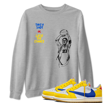 1s Travis Scott Canary shirts to match jordans Take A Shot sneaker match tees Air Jordan 1 Travis Scott Canary SNRT Sneaker Release Tees unisex cotton Heather Grey 1 crew neck shirts