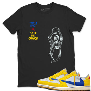 1s Travis Scott Canary shirts to match jordans Take A Shot sneaker match tees Air Jordan 1 Travis Scott Canary SNRT Sneaker Release Tees unisex cotton Black 1 crew neck shirts