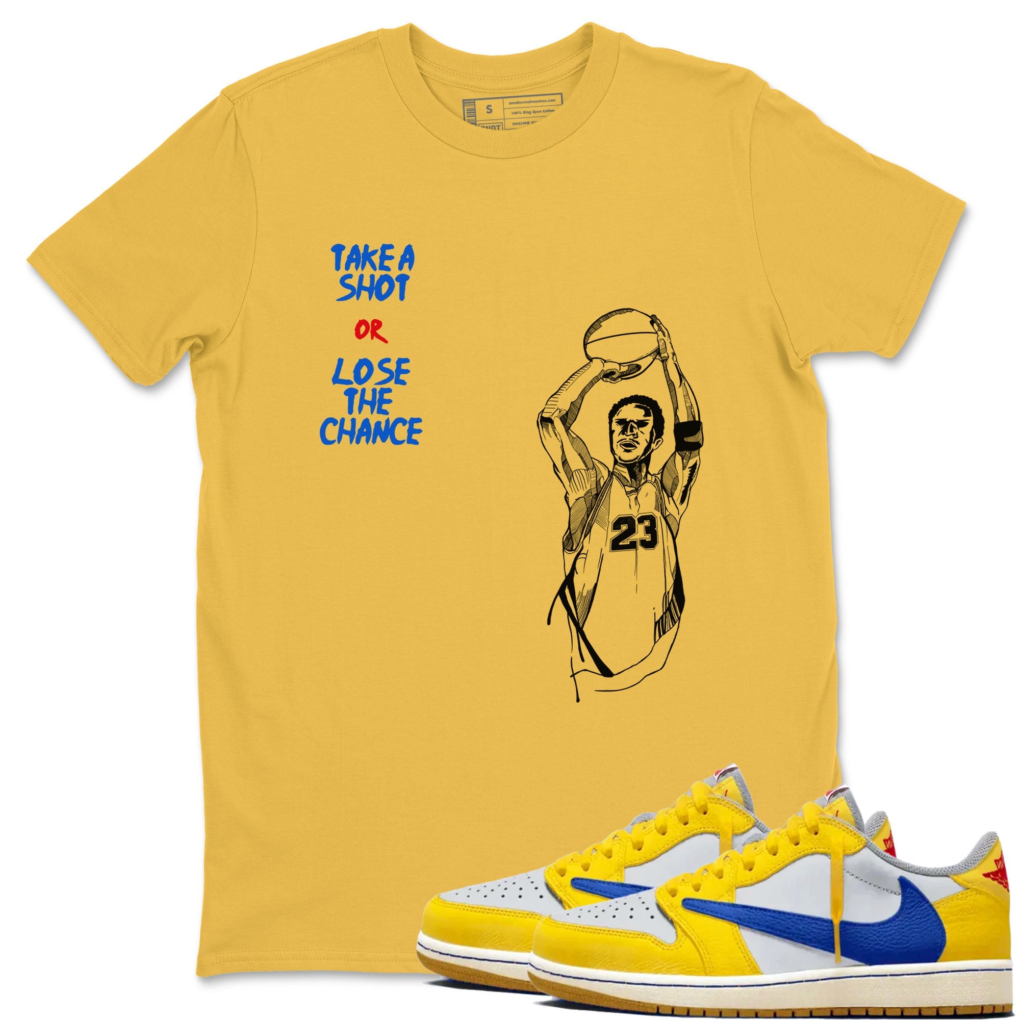 1s Travis Scott Canary shirts to match jordans Take A Shot sneaker match tees Air Jordan 1 Travis Scott Canary SNRT Sneaker Release Tees unisex cotton Daisy 1 crew neck shirts