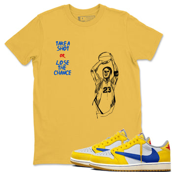 1s Travis Scott Canary shirts to match jordans Take A Shot sneaker match tees Air Jordan 1 Travis Scott Canary SNRT Sneaker Release Tees unisex cotton Daisy 1 crew neck shirts