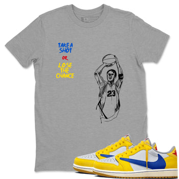 1s Travis Scott Canary shirts to match jordans Take A Shot sneaker match tees Air Jordan 1 Travis Scott Canary SNRT Sneaker Release Tees unisex cotton Heather Grey 1 crew neck shirts