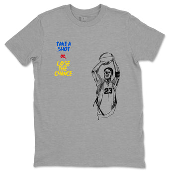 1s Travis Scott Canary shirts to match jordans Take A Shot sneaker match tees Air Jordan 1 Travis Scott Canary SNRT Sneaker Release Tees unisex cotton Heather Grey 2 crew neck shirts
