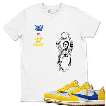 1s Travis Scott Canary shirts to match jordans Take A Shot sneaker match tees Air Jordan 1 Travis Scott Canary SNRT Sneaker Release Tees unisex cotton White 1 crew neck shirts