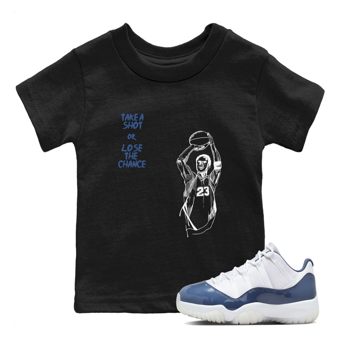 11s Diffused Blue shirts to match jordans Take A Shot sneaker match tees Air Jordan 11 Diffused Blue SNRT Sneaker Release Tees Youth Baby Black 1 crew neck shirts