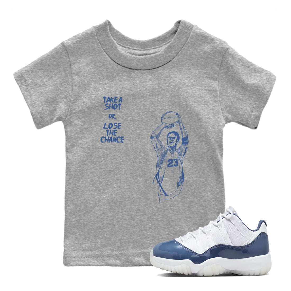 11s Diffused Blue shirts to match jordans Take A Shot sneaker match tees Air Jordan 11 Diffused Blue SNRT Sneaker Release Tees Youth Baby Heather Grey 1 crew neck shirts