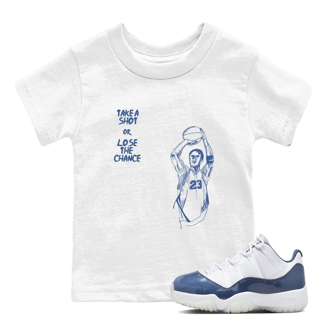 11s Diffused Blue shirts to match jordans Take A Shot sneaker match tees Air Jordan 11 Diffused Blue SNRT Sneaker Release Tees Youth Baby White 1 crew neck shirts