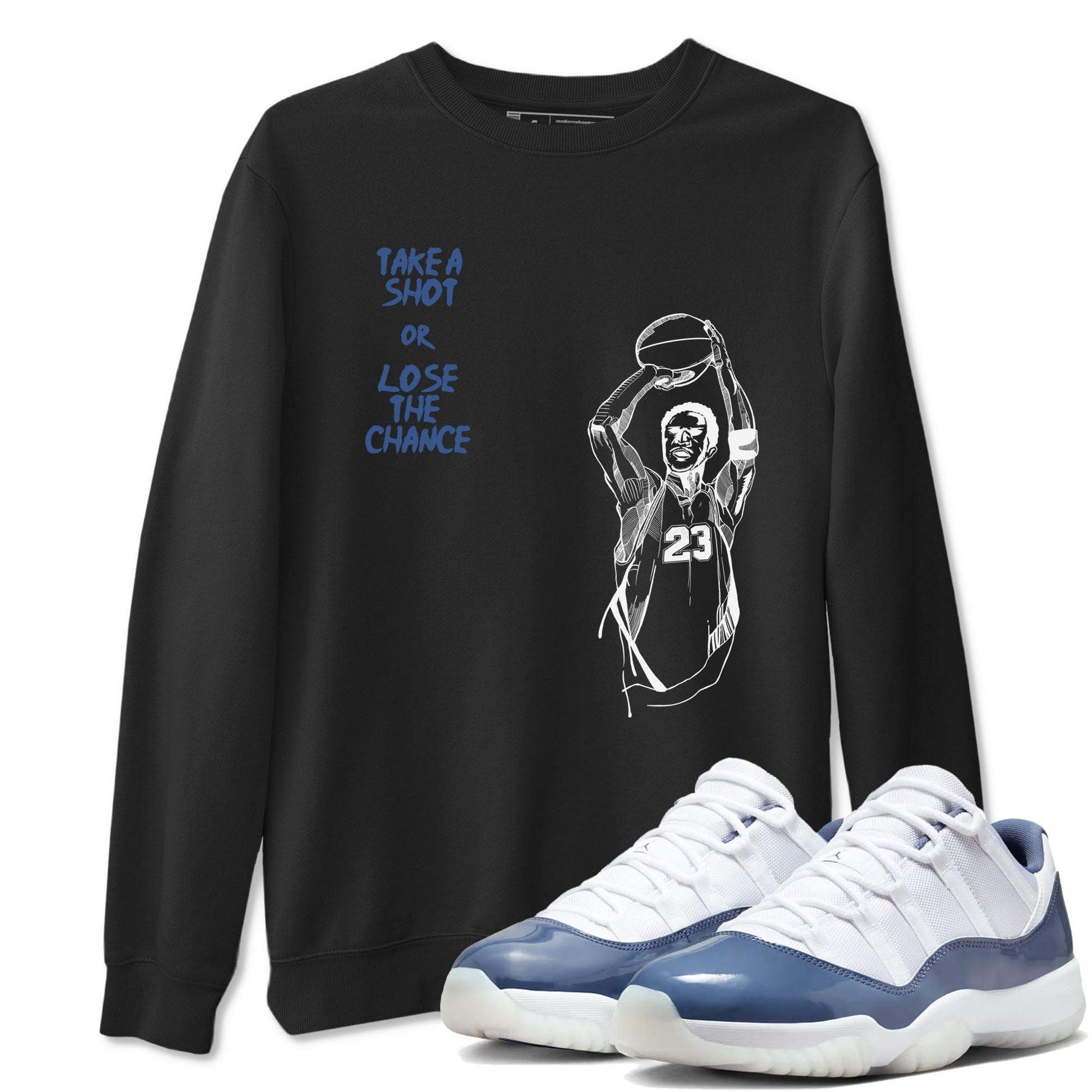 11s Diffused Blue shirts to match jordans Take A Shot sneaker match tees Air Jordan 11 Diffused Blue SNRT Sneaker Release Tees unisex cotton Black 1 crew neck shirts