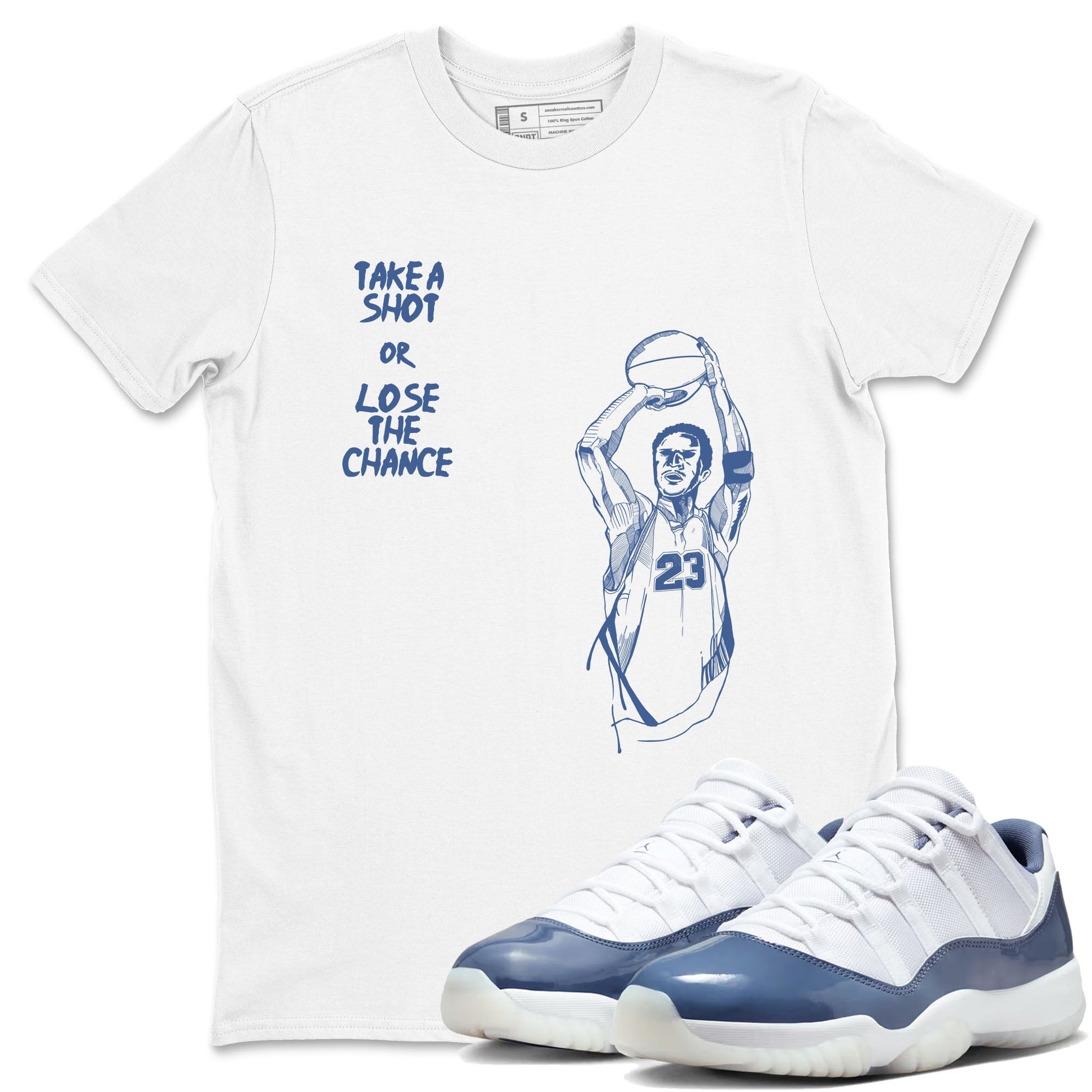 11s Diffused Blue shirts to match jordans Take A Shot sneaker match tees Air Jordan 11 Diffused Blue SNRT Sneaker Release Tees unisex cotton White 1 crew neck shirts