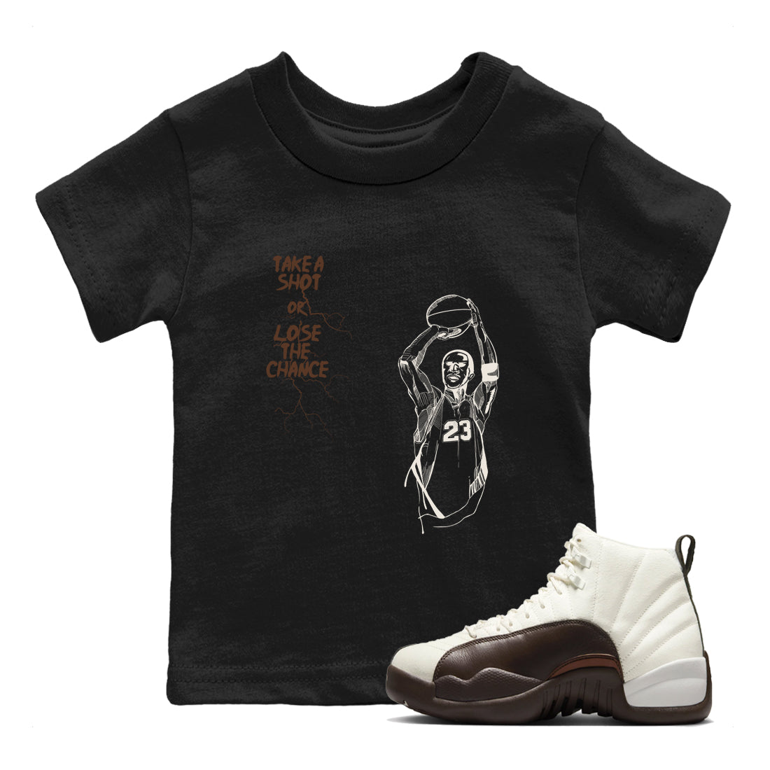 AJ12 Baroque Brown shirts to match jordans Take A Shot best t shirts to wear with jordans SoleFly x Jordan 12 Baroque Brown match shoes to clothes SNRT Sneaker Tees Youth Baby Black 1 tee