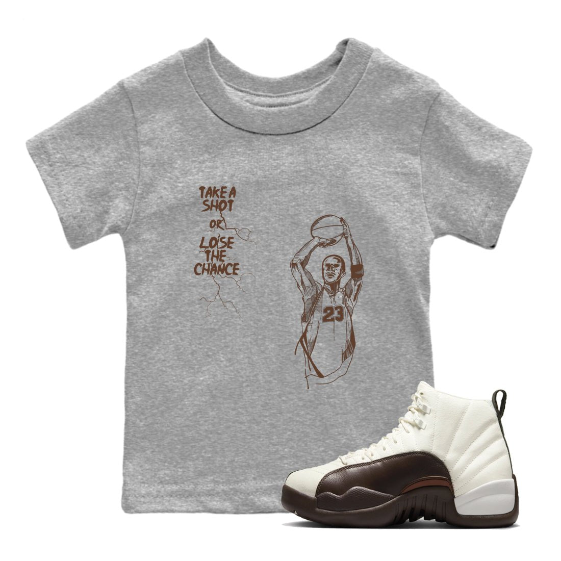 AJ12 Baroque Brown shirts to match jordans Take A Shot best t shirts to wear with jordans SoleFly x Jordan 12 Baroque Brown match shoes to clothes SNRT Sneaker Tees Youth Baby Heather Grey 1 tee