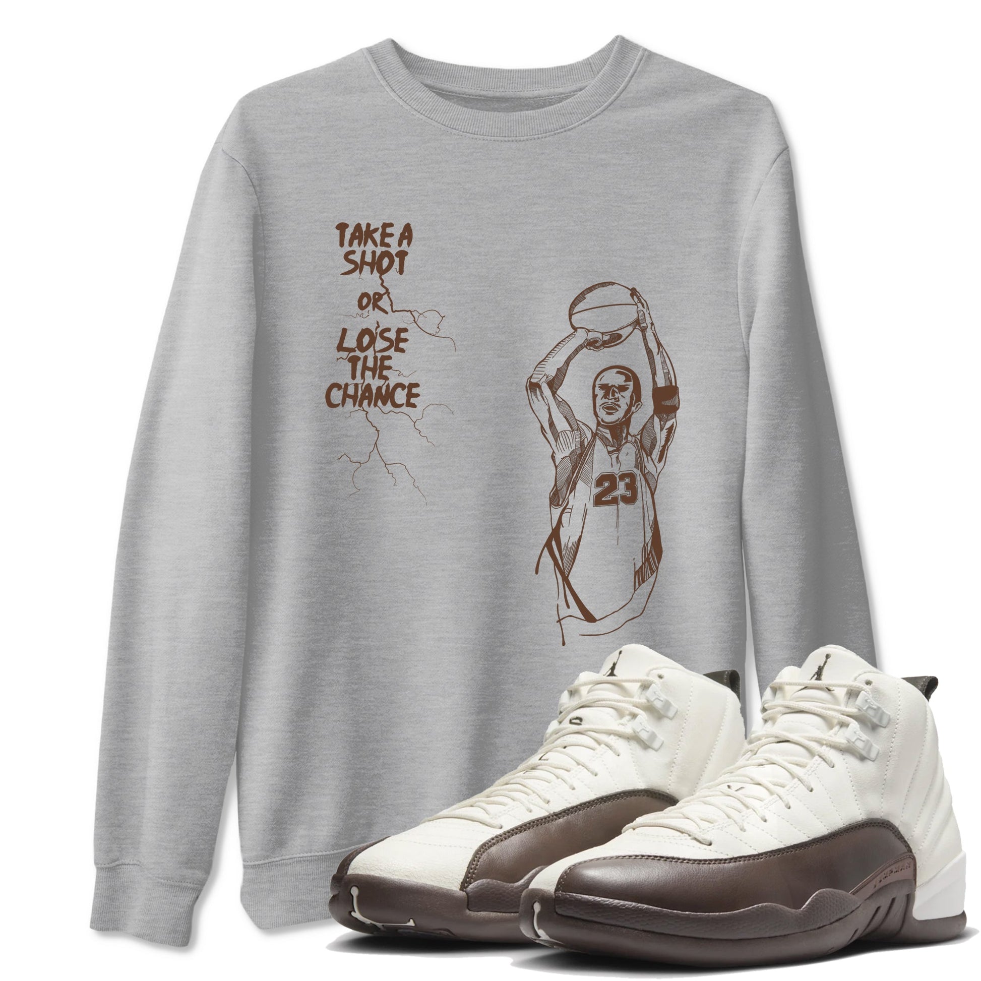 AJ12 Baroque Brown shirts to match jordans Take A Shot best t shirts to wear with jordans SoleFly x Jordan 12 Baroque Brown match shoes to clothes SNRT Sneaker Tees unisex cotton Heather Grey 1 shirts