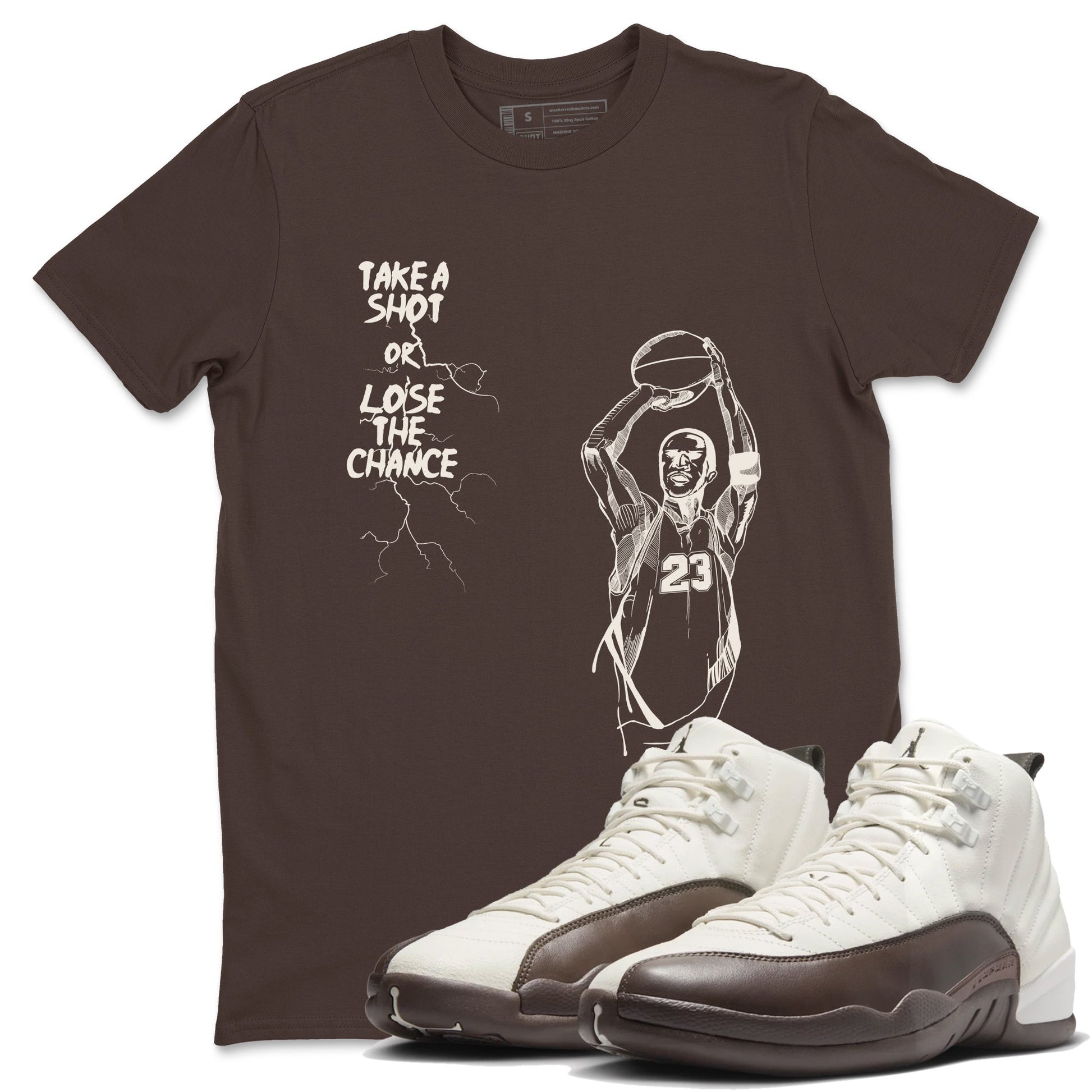 AJ12 Baroque Brown shirts to match jordans Take A Shot best t shirts to wear with jordans SoleFly x Jordan 12 Baroque Brown match shoes to clothes SNRT Sneaker Tees unisex cotton Dark Chocolate 1 shirts