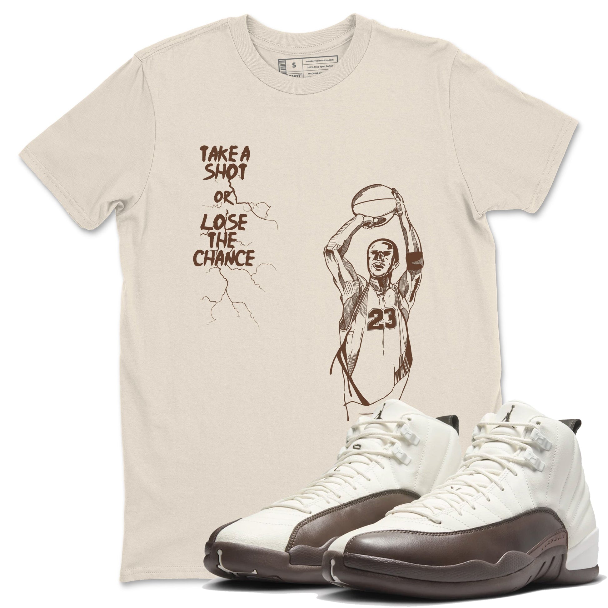 AJ12 Baroque Brown shirts to match jordans Take A Shot best t shirts to wear with jordans SoleFly x Jordan 12 Baroque Brown match shoes to clothes SNRT Sneaker Tees unisex cotton Natural 1 shirts