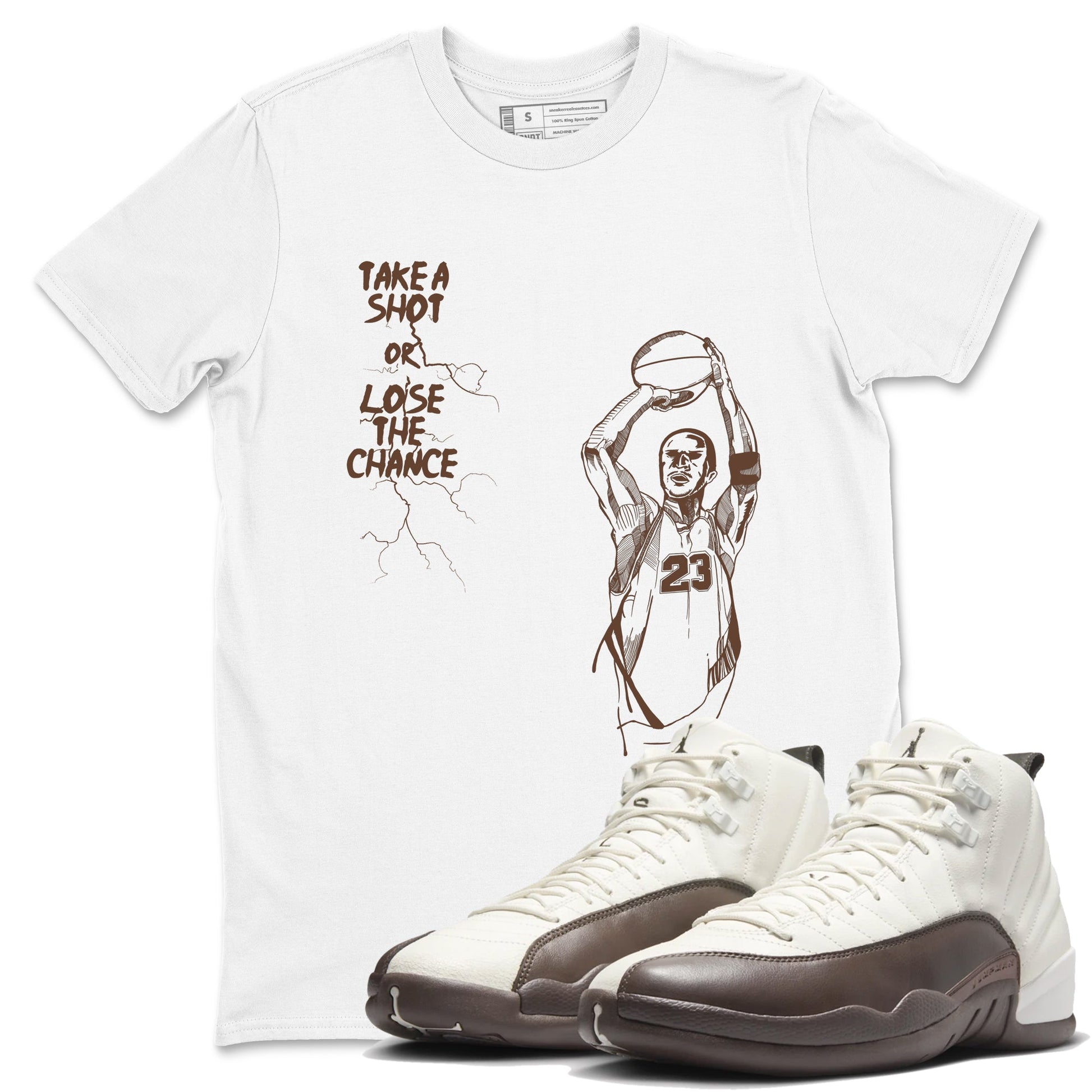 AJ12 Baroque Brown shirts to match jordans Take A Shot best t shirts to wear with jordans SoleFly x Jordan 12 Baroque Brown match shoes to clothes SNRT Sneaker Tees unisex cotton White 1 shirts