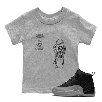 12s Black Wolf Grey shirts to match jordans Take A Shot sneaker match tees Air Jordan 12 Black Wolf Grey SNRT Sneaker Release Tees Youth Baby Heather Grey 1 crew neck shirts