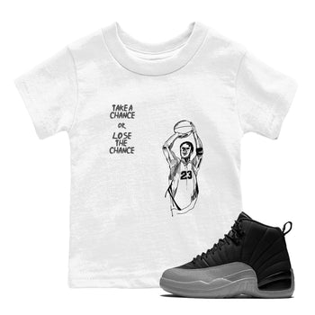 12s Black Wolf Grey shirts to match jordans Take A Shot sneaker match tees Air Jordan 12 Black Wolf Grey SNRT Sneaker Release Tees Youth Baby White 1 crew neck shirts