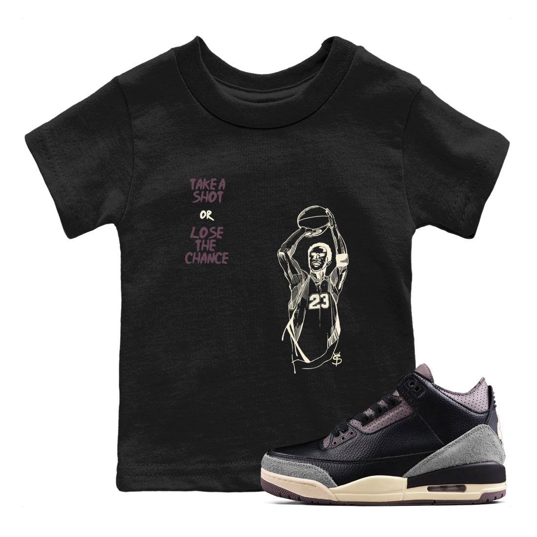 3s A Ma Maniere x Black shirts to match jordans Take A Shot sneaker match tees A Ma Maniére Air Jordan 3 Black And Flat Pewter SNRT Sneaker Release Tees Youth Baby Black 1 crew neck shirts