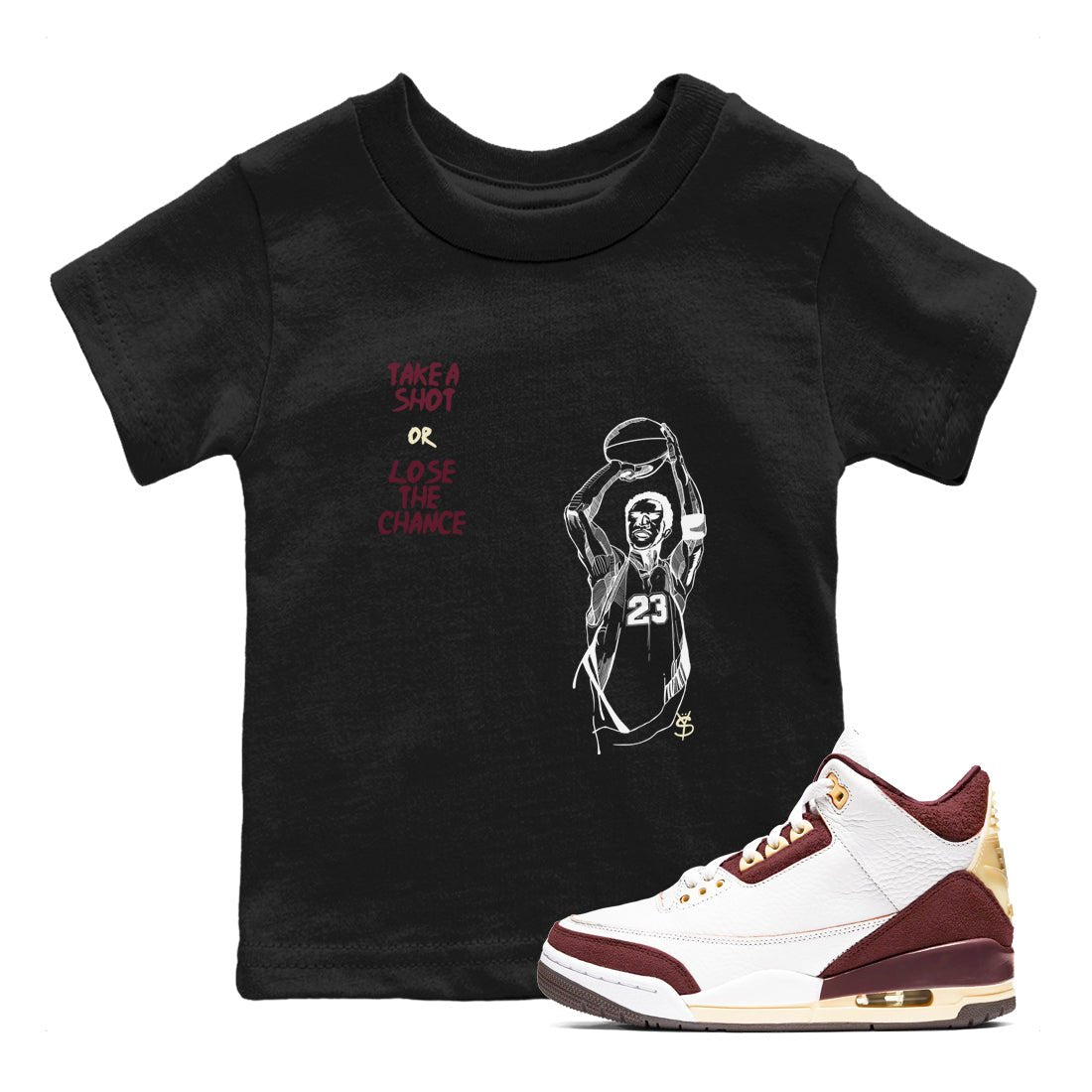 3s A Ma Maniere x Burgundy Crush shirts to match jordans Take A Shot sneaker match tees A Ma Maniére Air Jordan 3 Burgundy Crush SNRT Sneaker Release Tees Youth Baby Black 1 crew neck shirts