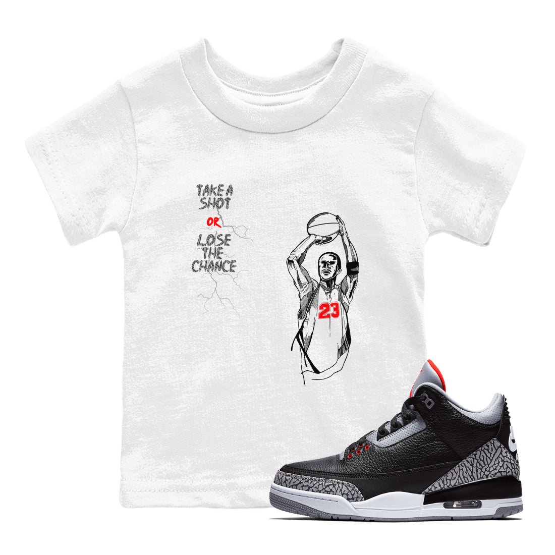 3s Black Cement shirts to match jordans Take A Shot sneaker match tees Air Jordan 3 Black Cement match shoes to clothes SNRT Sneaker Tees Youth Baby White 1 tee