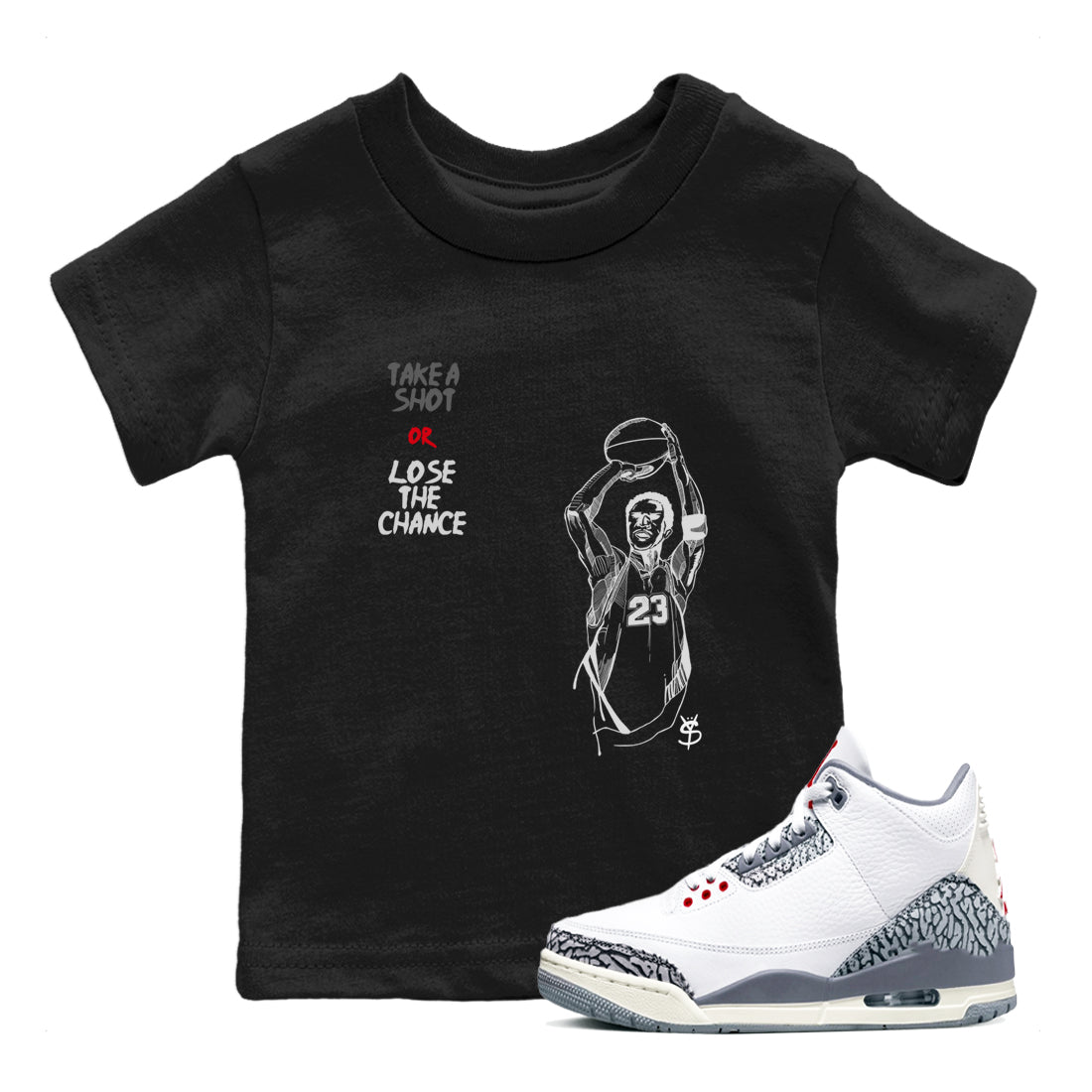3s Cement Grey shirts to match jordans Take A Shot sneaker match tees Air Jordan 3 Cement Grey SNRT Sneaker Release Tees Youth Baby Black 1 crew neck shirts