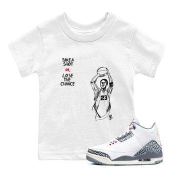 3s Cement Grey shirts to match jordans Take A Shot sneaker match tees Air Jordan 3 Cement Grey SNRT Sneaker Release Tees Youth Baby White 1 crew neck shirts