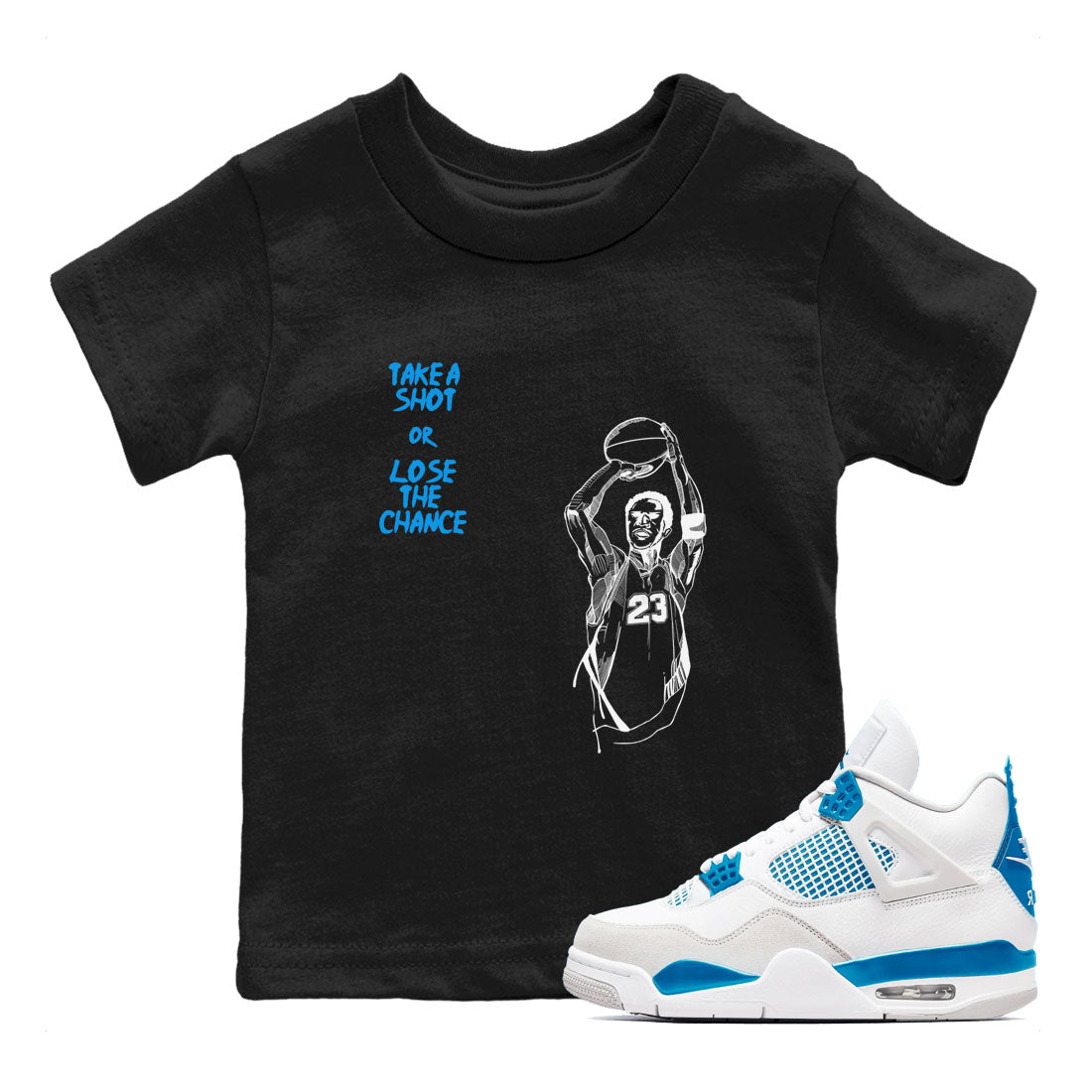 4s Military Blue shirts to match jordans Take A Shot sneaker match tees Air Jordan 4 Military Blue SNRT Sneaker Release Tees Youth Baby Black 1 crew neck shirts
