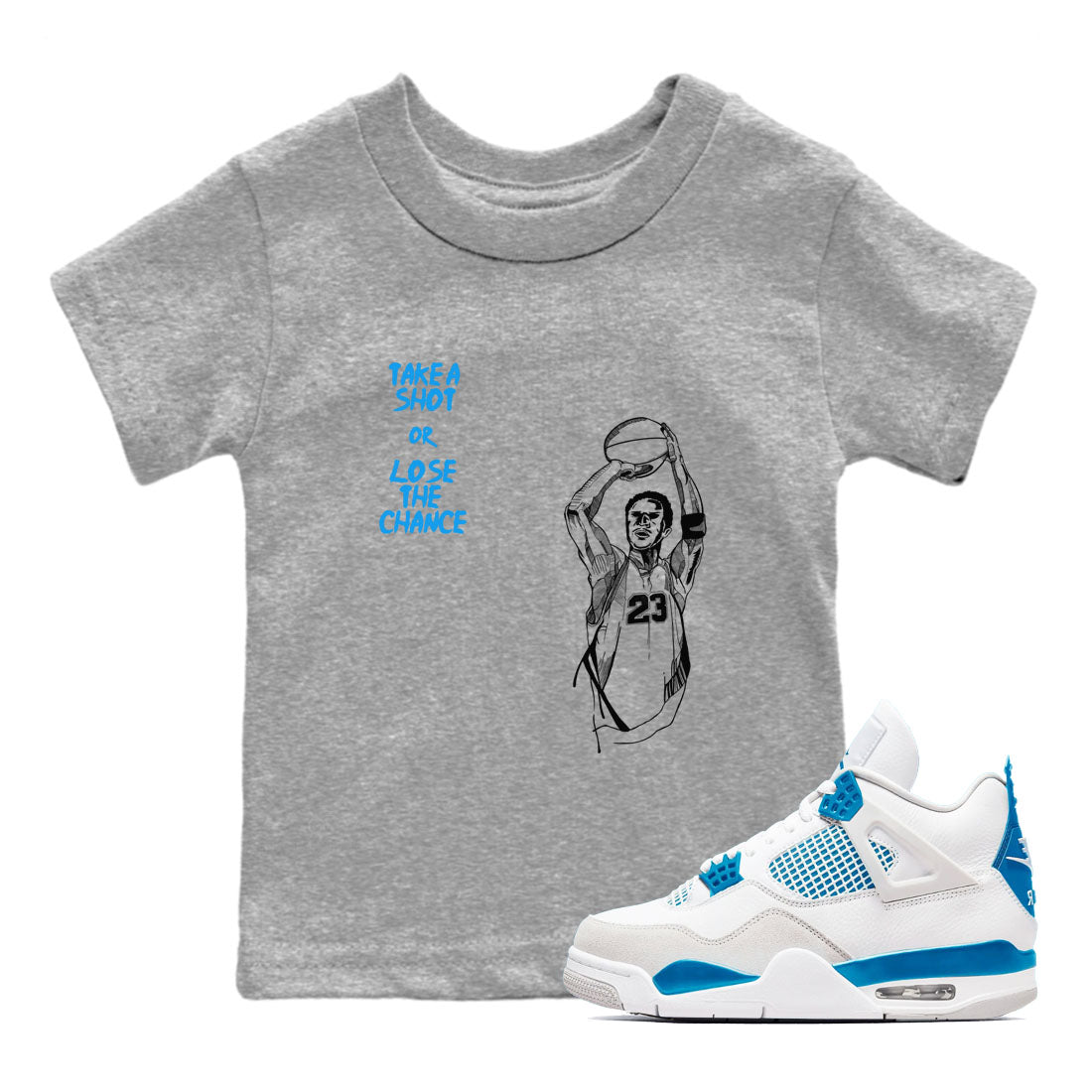 4s Military Blue shirts to match jordans Take A Shot sneaker match tees Air Jordan 4 Military Blue SNRT Sneaker Release Tees Youth Baby Heather Grey 1 crew neck shirts
