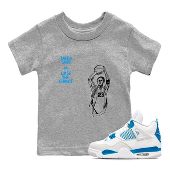 4s Military Blue shirts to match jordans Take A Shot sneaker match tees Air Jordan 4 Military Blue SNRT Sneaker Release Tees Youth Baby Heather Grey 1 crew neck shirts