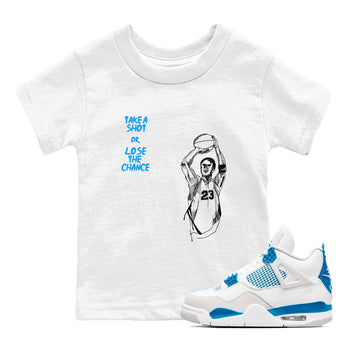 4s Military Blue shirts to match jordans Take A Shot sneaker match tees Air Jordan 4 Military Blue SNRT Sneaker Release Tees Youth Baby White 1 crew neck shirts