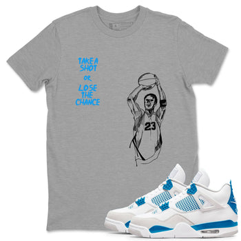 4s Military Blue shirts to match jordans Take A Shot sneaker match tees Air Jordan 4 Military Blue SNRT Sneaker Release Tees unisex cotton Heather Grey 1 crew neck shirts