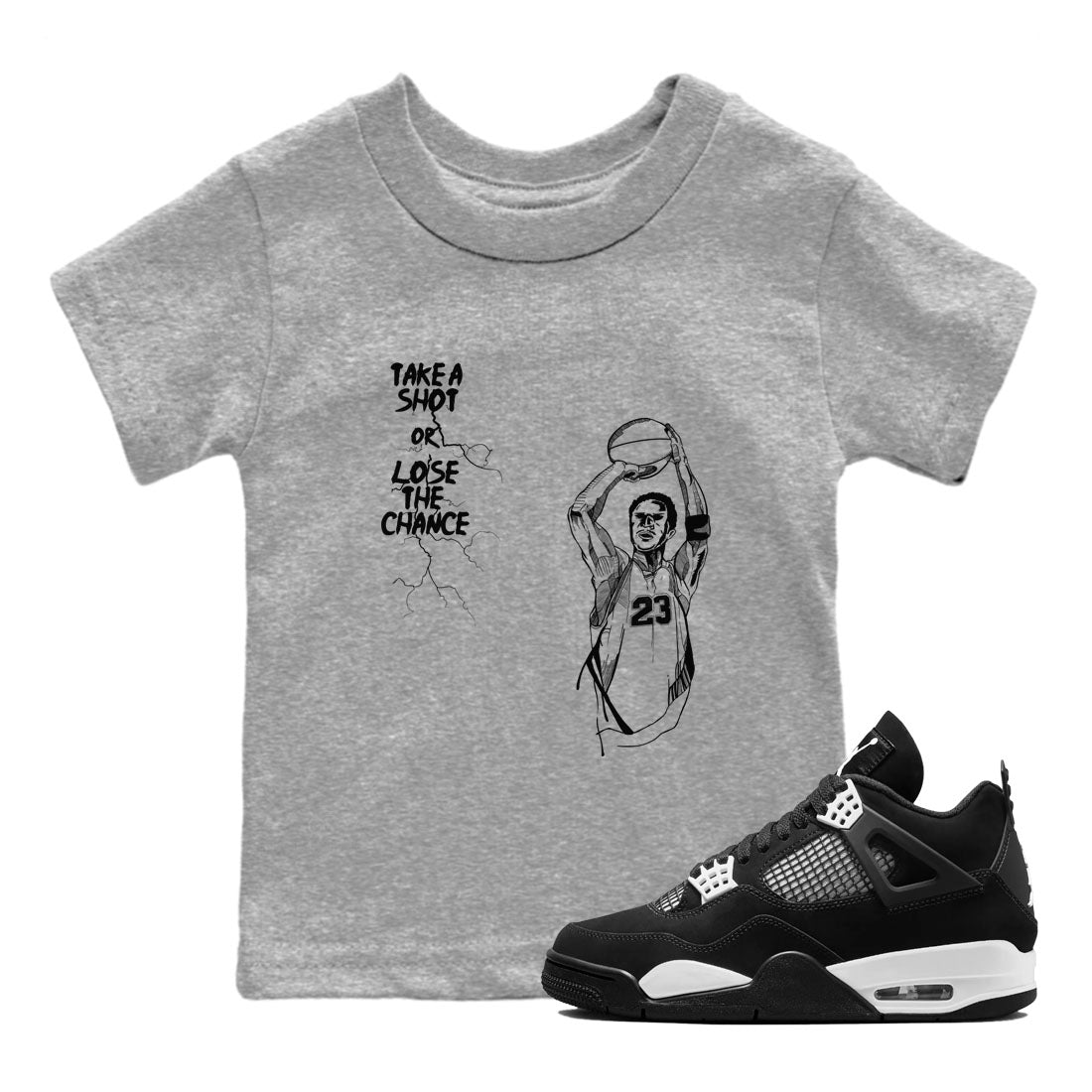 4s White Thunder shirts to match jordans Take A Shot sneaker match tees Air Jordan 4 White Thunder SNRT Sneaker Release Tees Youth Baby Heather Grey 1 crew neck shirts