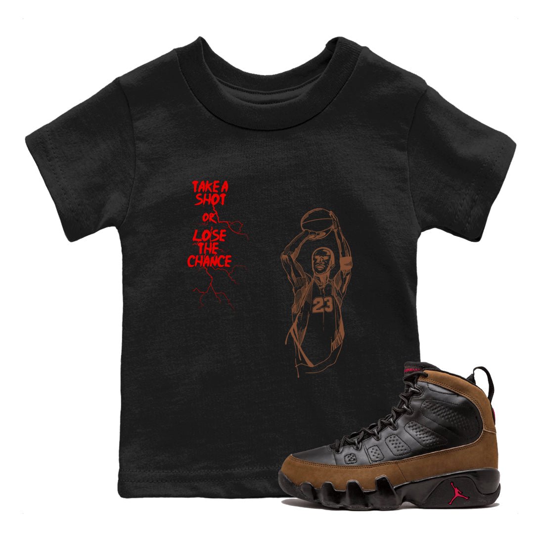 9s Olive shirts to match jordans Take A Shot sneaker match tees Air Jordan 9 Olive match shoes to clothes SNRT Sneaker Tees Youth Baby Black 1 tee