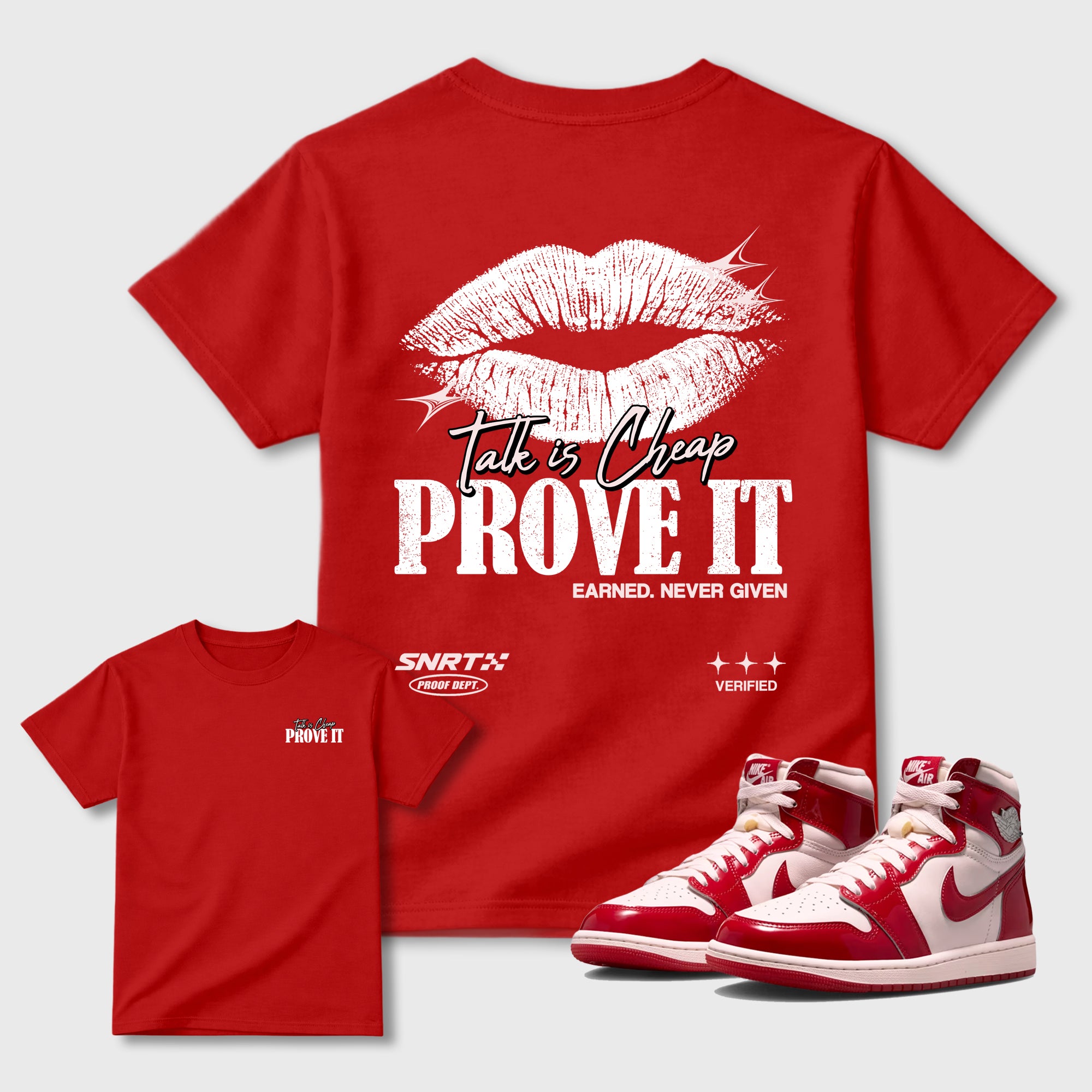 Talk Is Cheap Graphic T-Shirt featuring original streetwear artwork designed to complement the University Red, soft pink, and metallic silver tones of the Air Jordan 1 High OG Nails and Grails. Red Graphic T-Shirt.