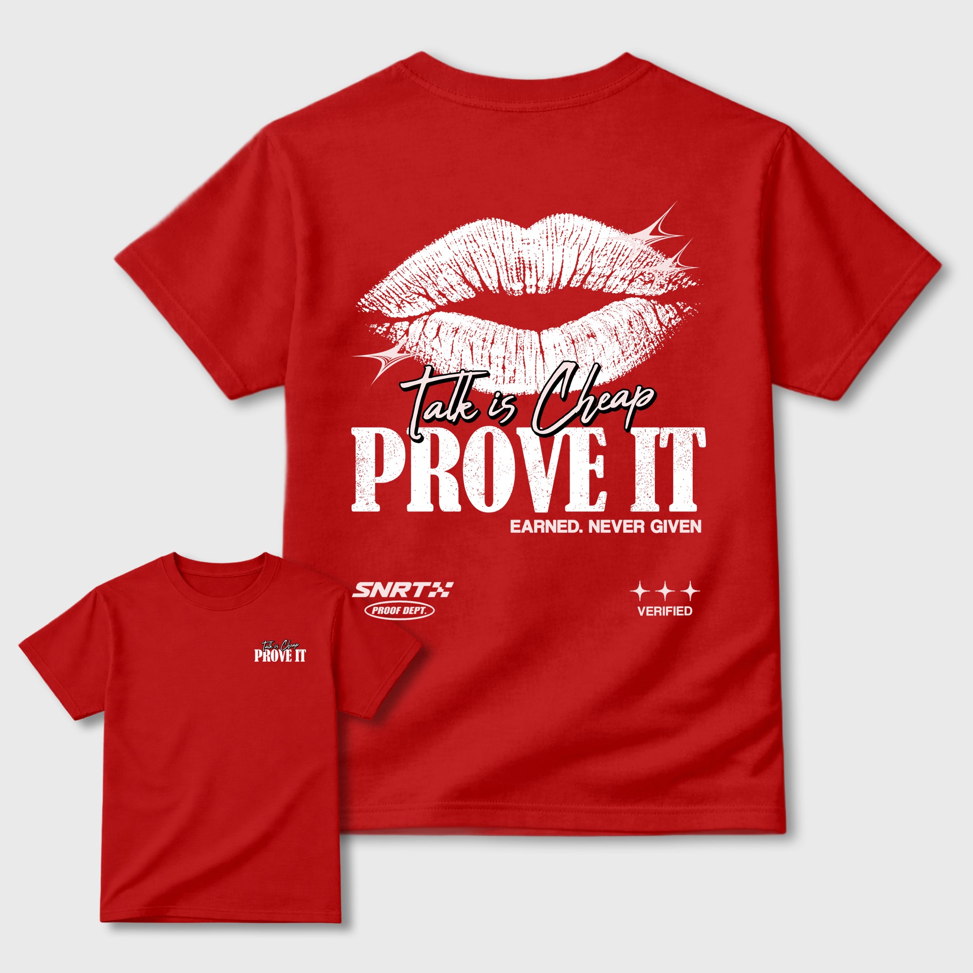 Talk Is Cheap Graphic T-Shirt featuring original streetwear artwork designed to complement the University Red, soft pink, and metallic silver tones of the Air Jordan 1 High OG Nails and Grails. Red Graphic T-Shirt.