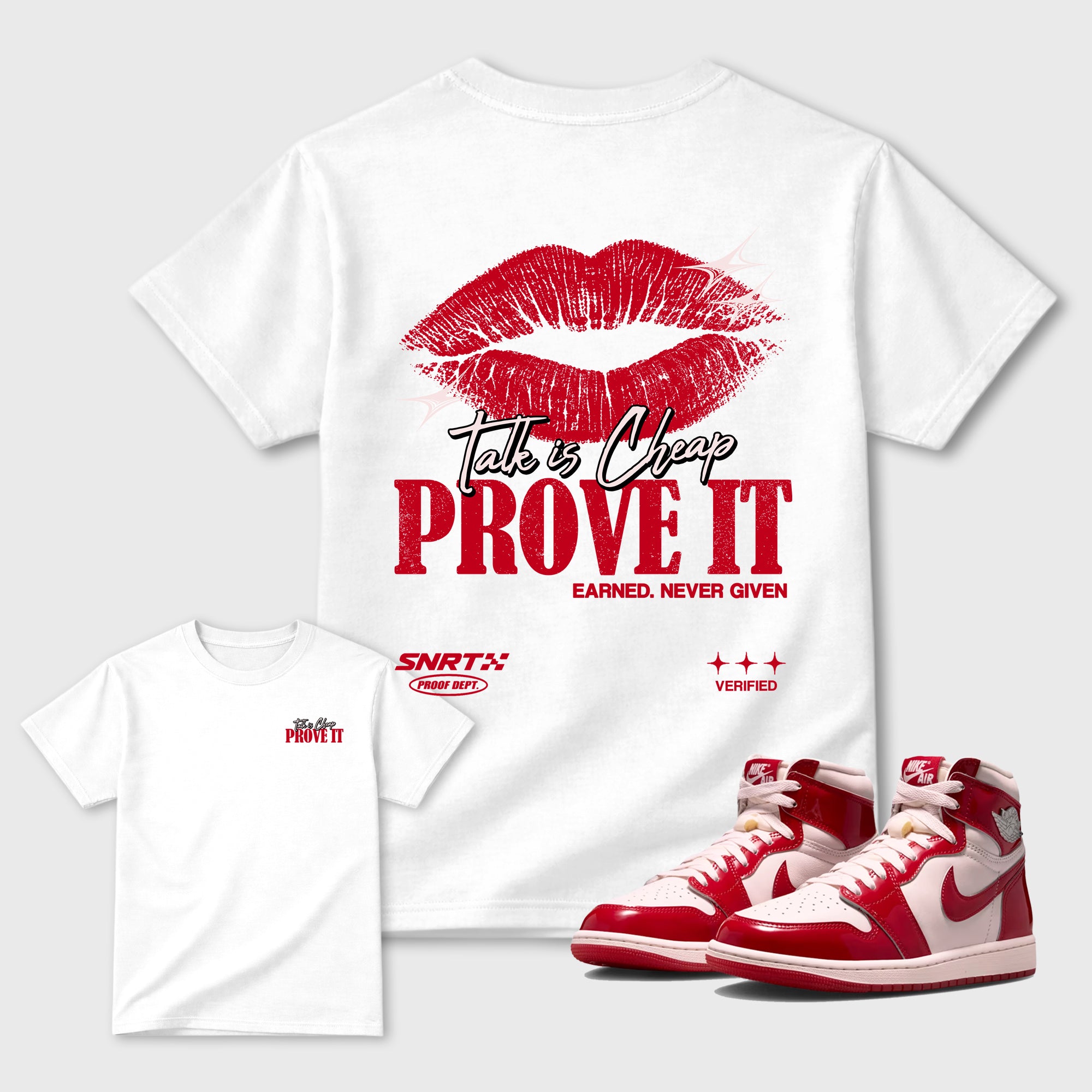Talk Is Cheap Graphic T-Shirt featuring original streetwear artwork designed to complement the University Red, soft pink, and metallic silver tones of the Air Jordan 1 Nails and Grails. White Graphic T-Shirt.