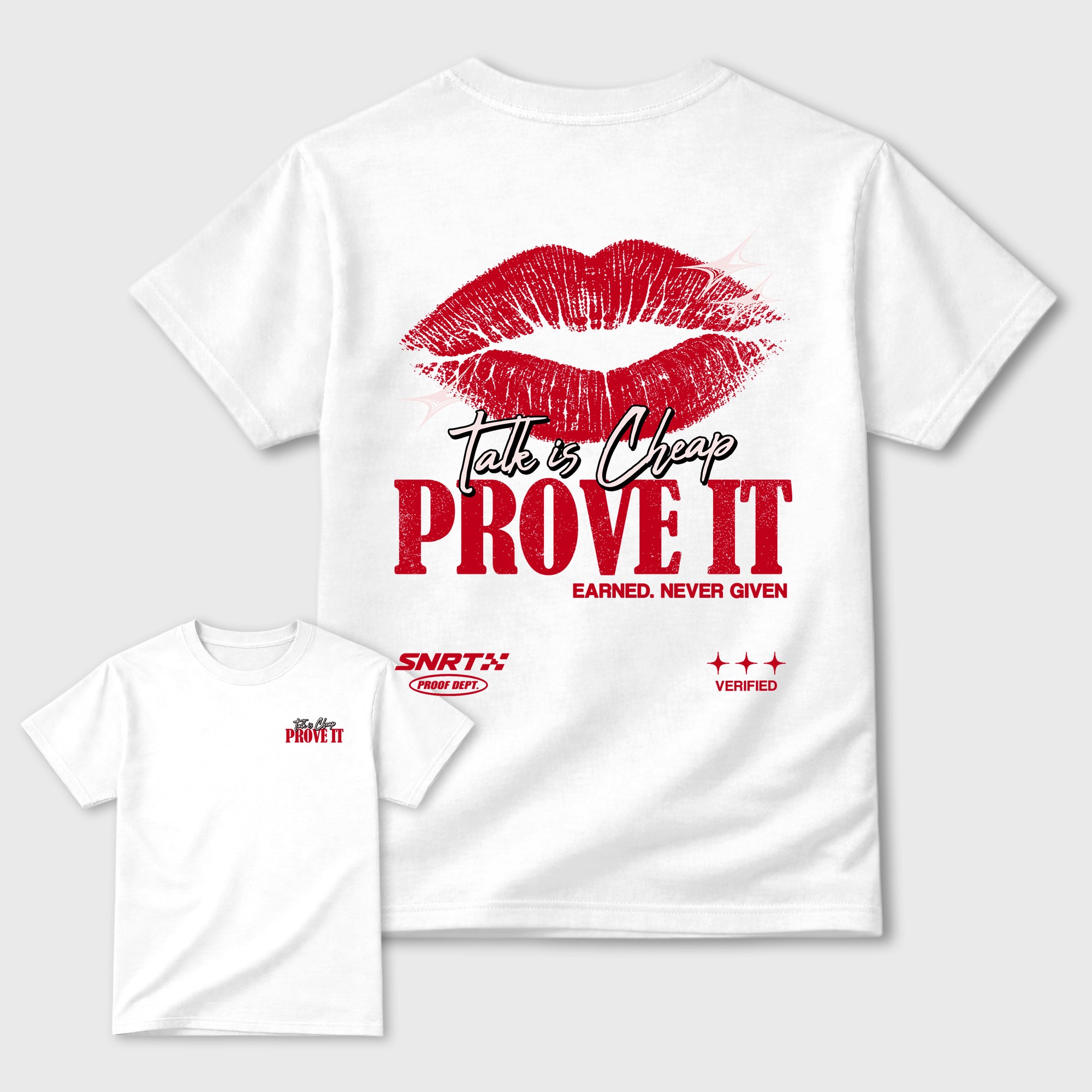Talk Is Cheap Graphic T-Shirt featuring original streetwear artwork designed to complement the University Red, soft pink, and metallic silver tones of the Air Jordan 1 High OG Nails and Grails. White Graphic T-Shirt.